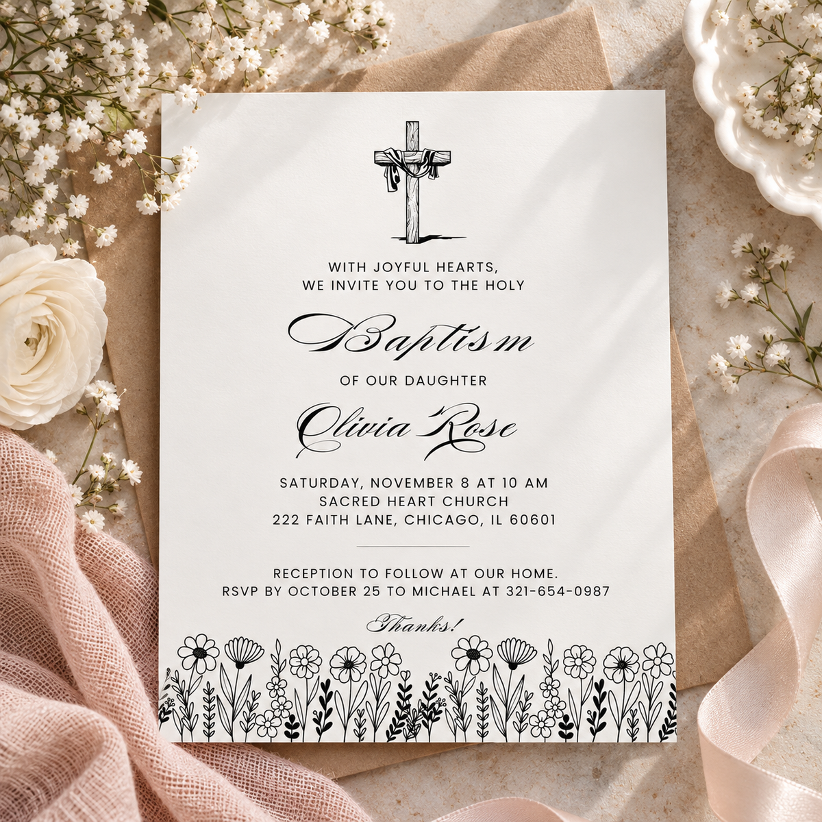 Vintage cross and wildflower baptism invitation printable template in black and white