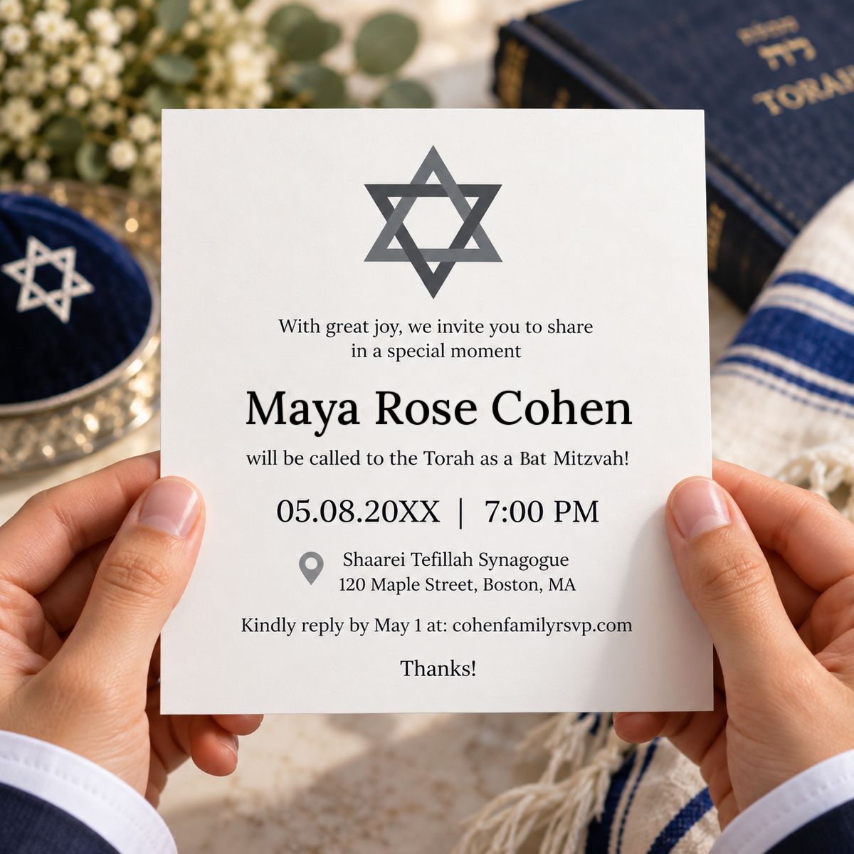 Bat mitzvah invitation held in hands, printed as a square card on cardstock