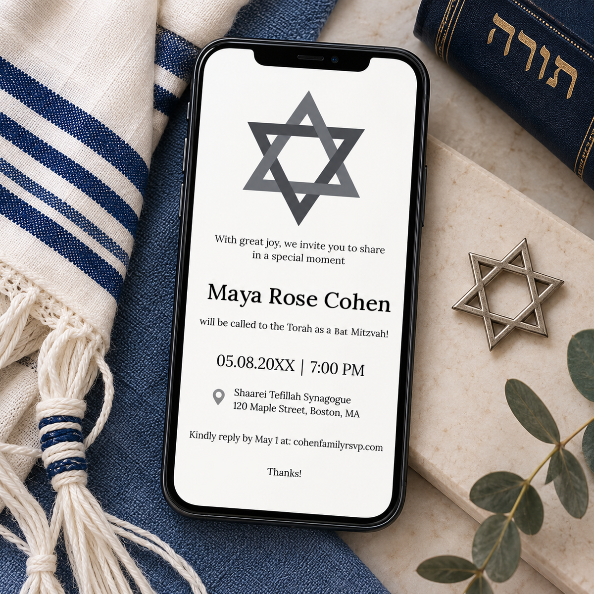 Minimalist bat mitzvah e-vite in phone size for sending by message, grey Star of David