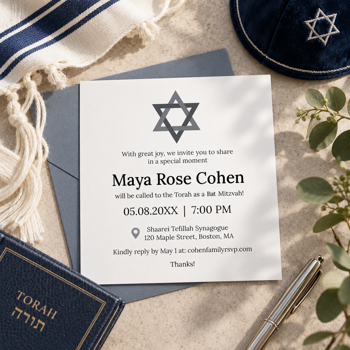 Minimalist bat mitzvah invitation printable square card with grey Star of David for a girl