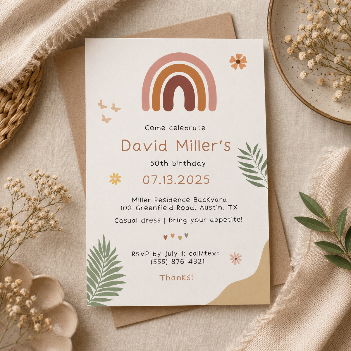 Printable boho birthday invitation template with arched rainbow and fronds