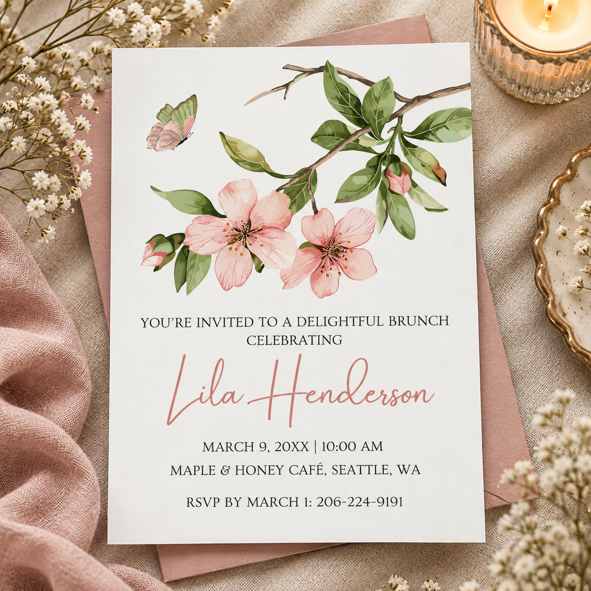 Pink cherry blossom brunch invitation printable template with script name