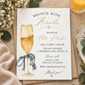 Brunch party invitation printable template with watercolour champagne flute and grey bow