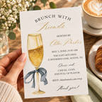 Champagne brunch invitation template with gold script and dress code line, printed at 8.5 x 11 inches