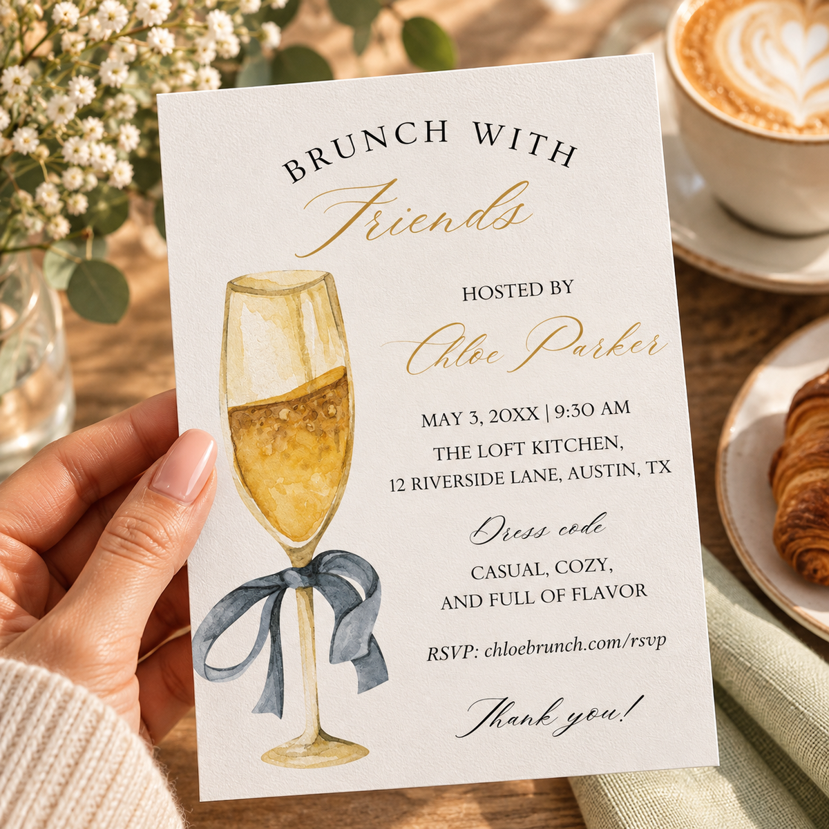 Champagne brunch invitation template with gold script and dress code line, printed at 8.5 x 11 inches