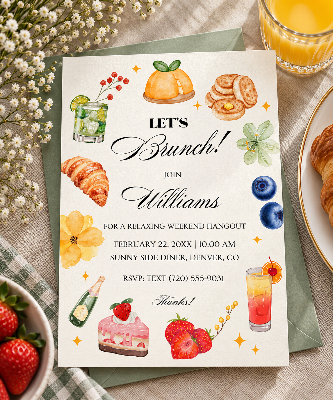Casual brunch invitation printable template with a painted wreath of pastries, fruit and cocktails