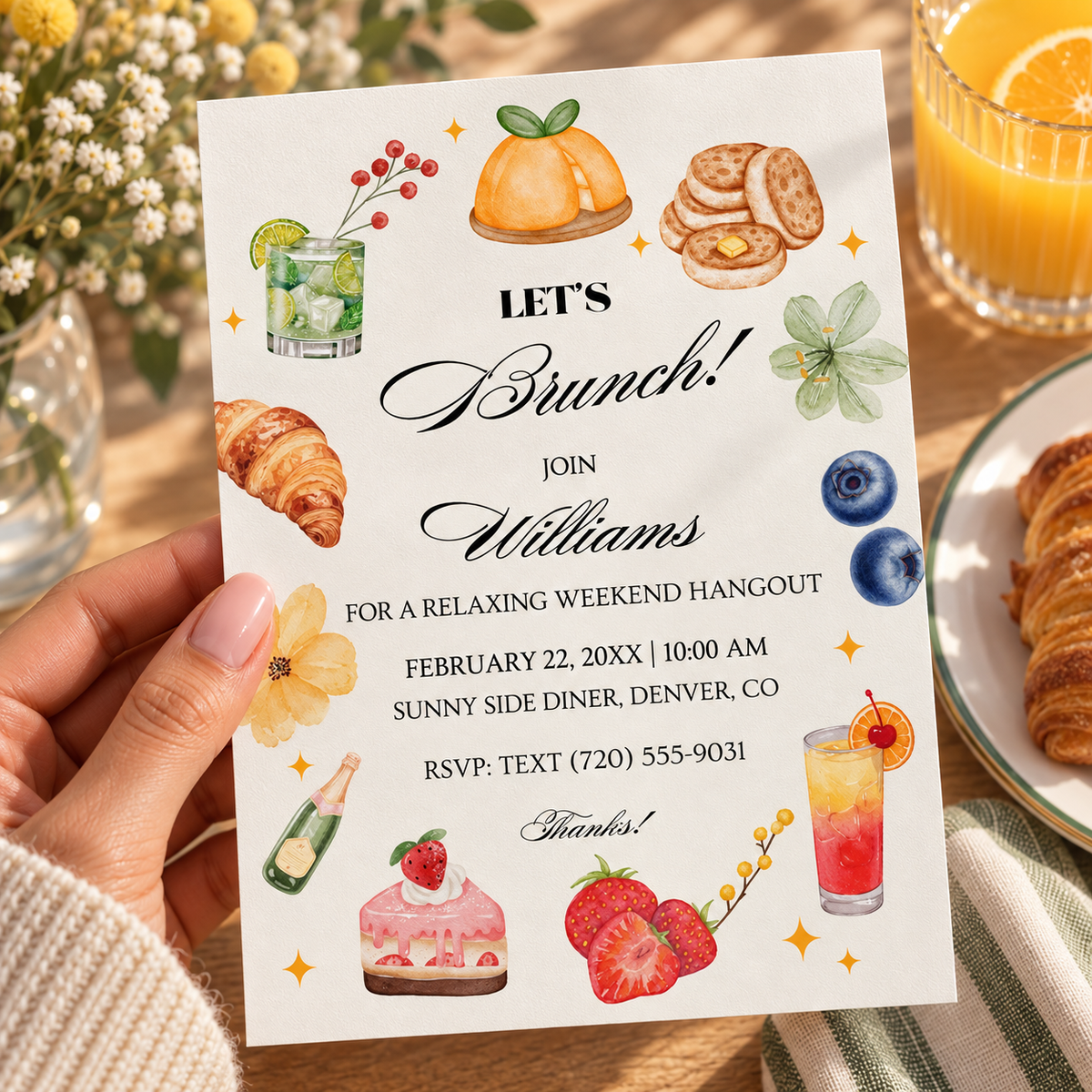 Colorful food brunch invitation template on cream, shown printed at 8.5 x 11 inches