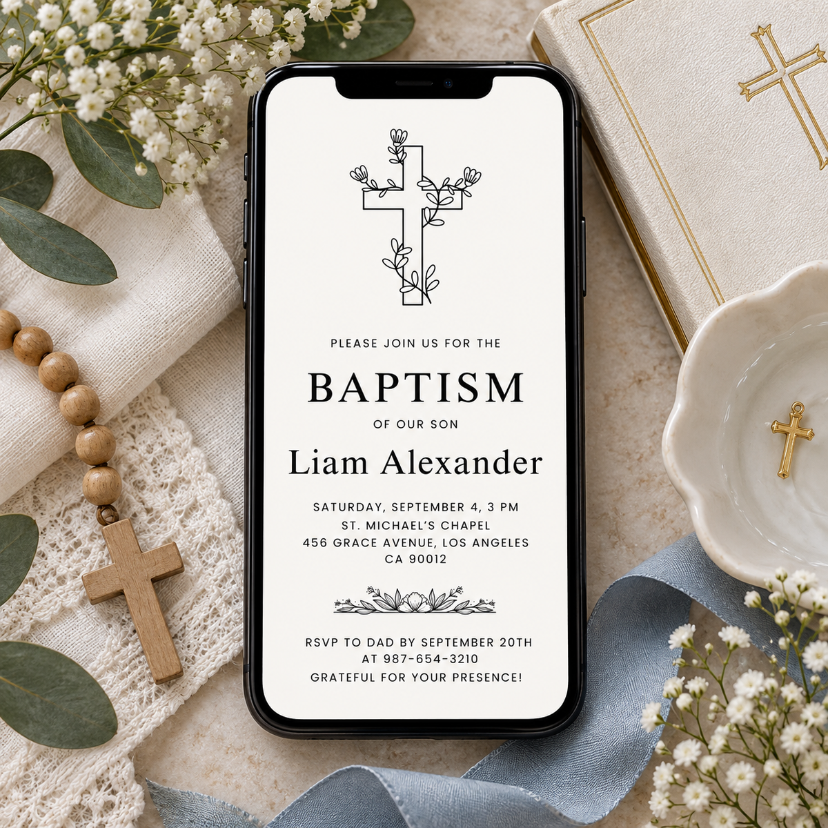 Line art christening invitation printed at 8.5 x 11 inches, shown with the matching phone evite