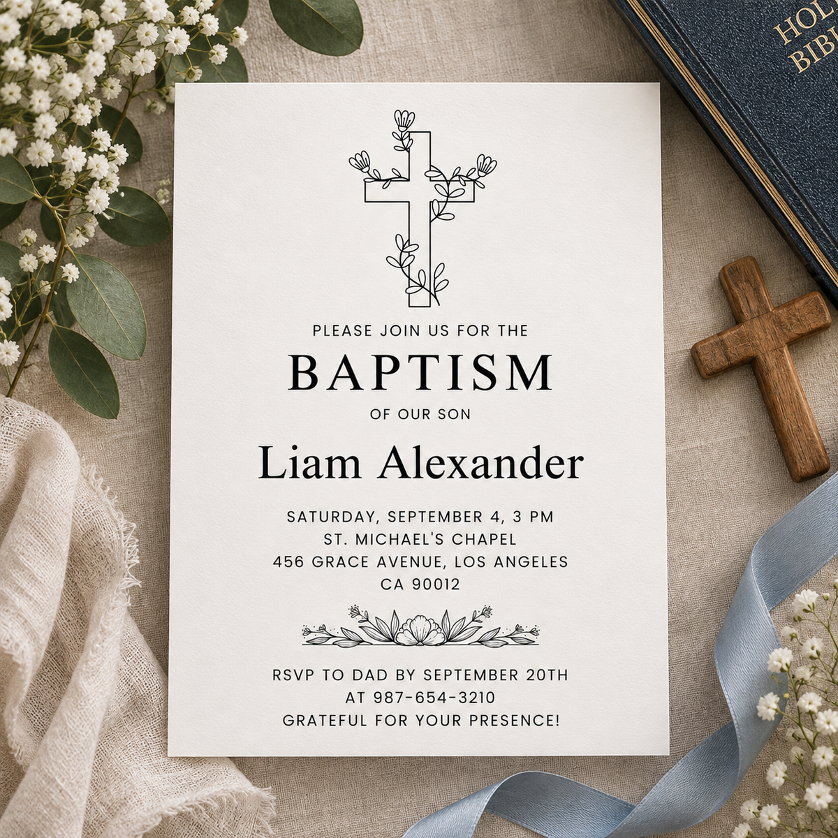 Minimalist christening invitation printable template with a black line art cross