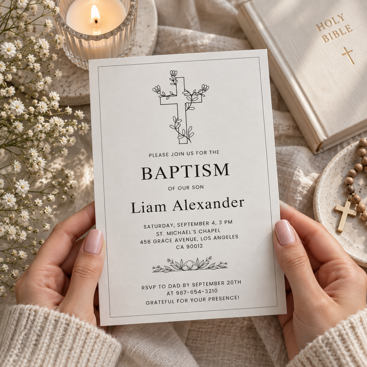 Black and white christening invitation with botanical line art, styled on a table