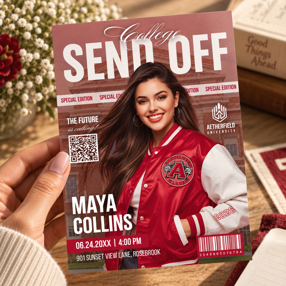 Editable college send off invitation template with QR panel, shown printed at 8.5 x 11 inches