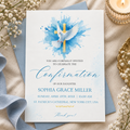 Blue watercolor dove and gold cross confirmation invitation printable template