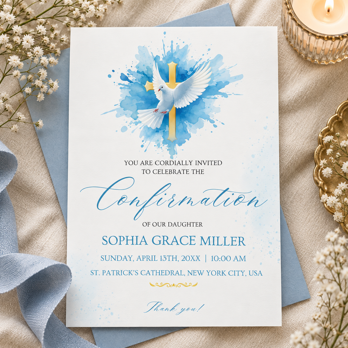 Blue watercolor dove and gold cross confirmation invitation printable template