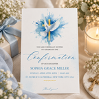 Confirmation invitation printable template in blue watercolor, shown printed at 8.5 x 11 inches