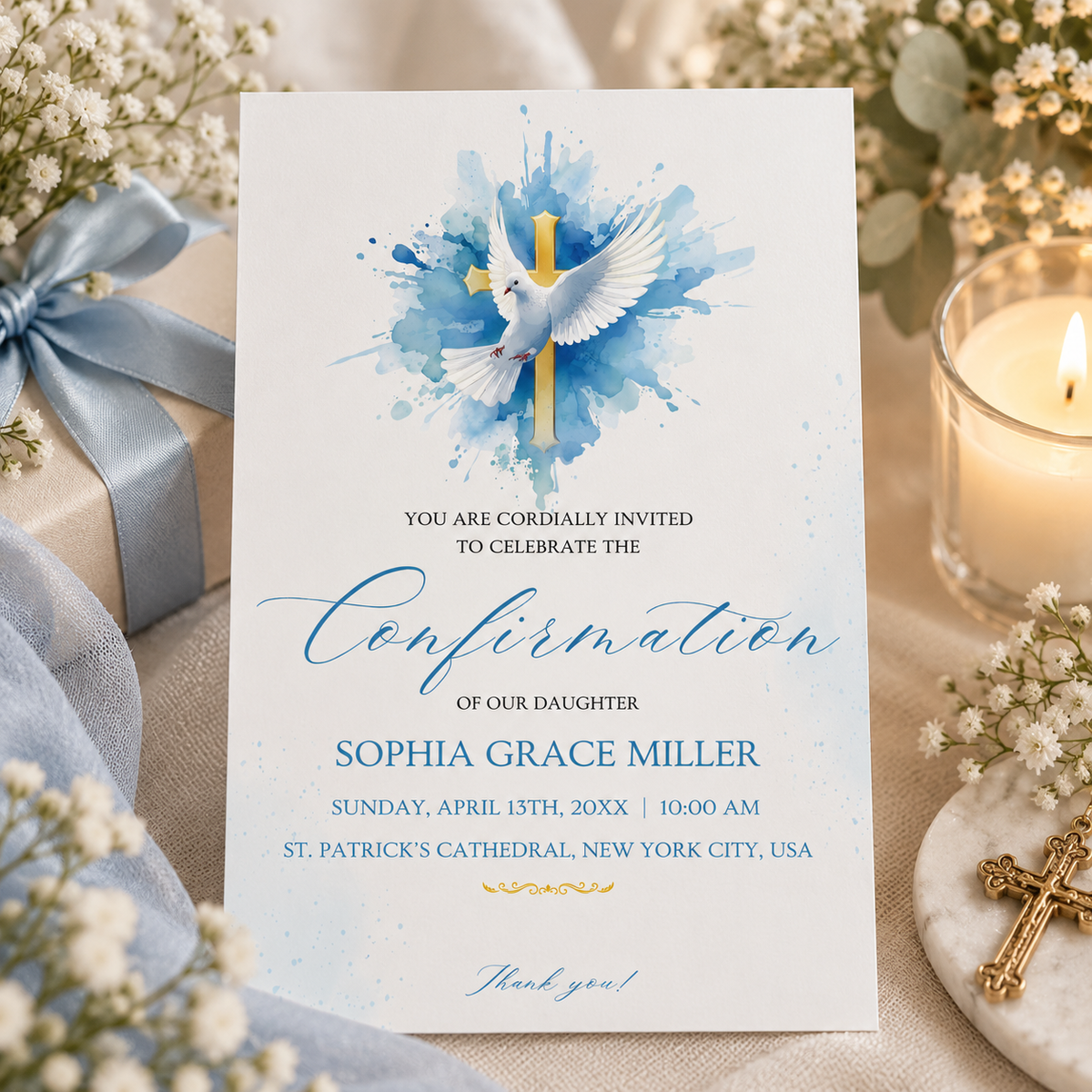 Confirmation invitation printable template in blue watercolor, shown printed at 8.5 x 11 inches