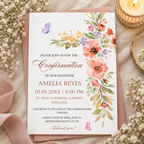 Floral confirmation invitation template with butterflies, shown printed at 8.5 x 11 inches