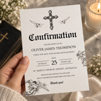 Black and white confirmation invitation template for a boy, shown printed at 8.5 x 11 inches