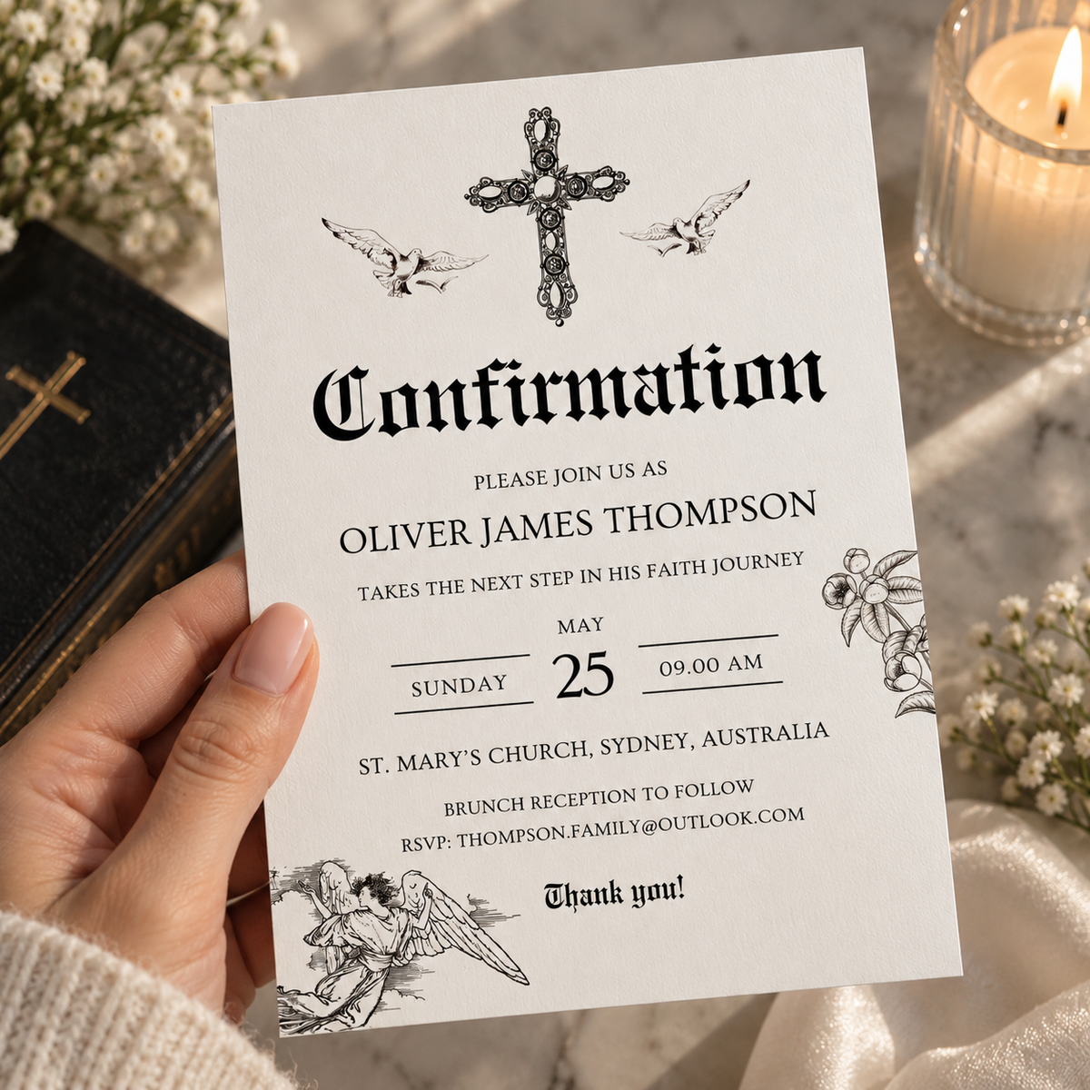Black and white confirmation invitation template for a boy, shown printed at 8.5 x 11 inches