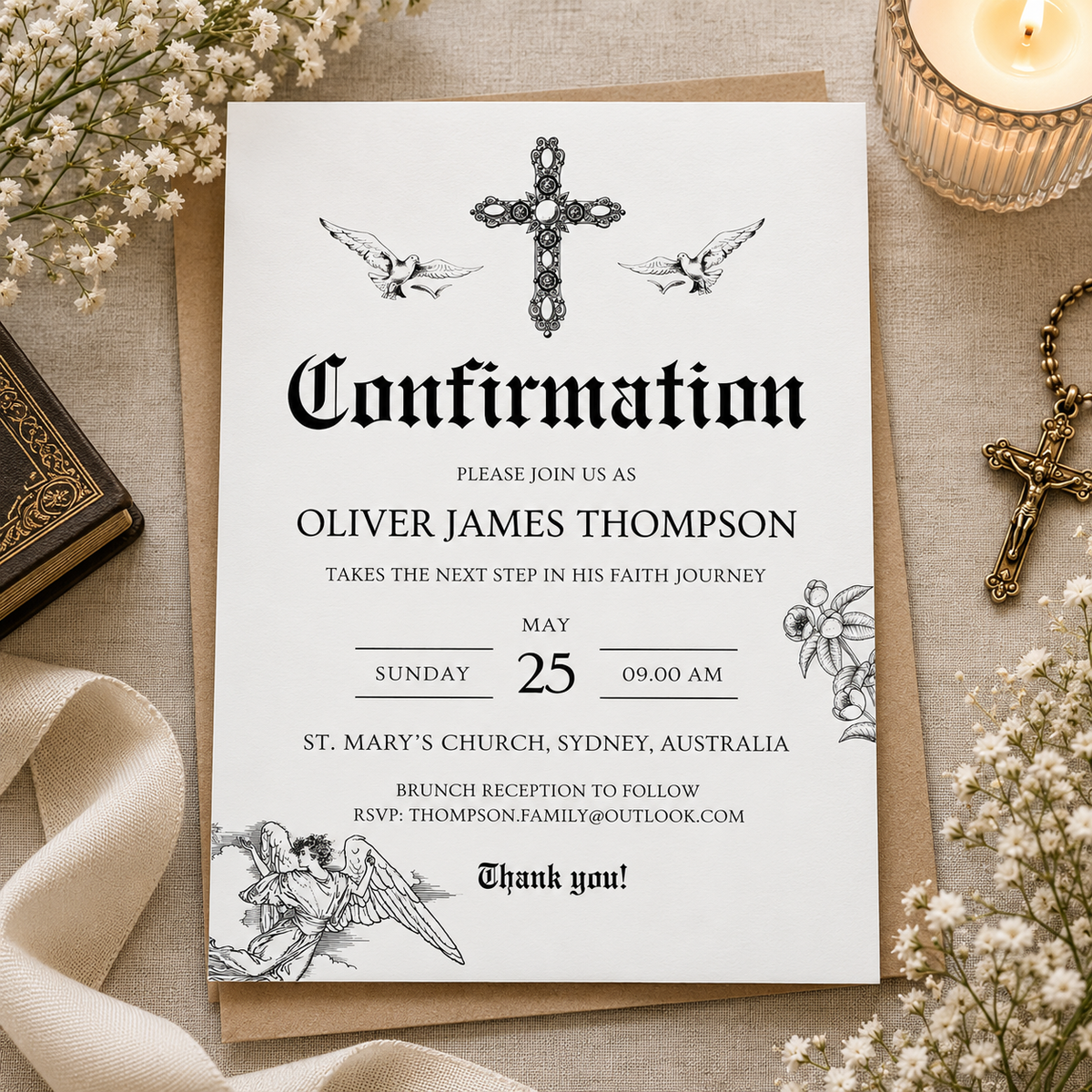 Vintage engraved cross and doves confirmation invitation printable template in black and white