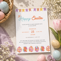 Easter egg hunt invitation with bunting flags and folk art patterned eggs