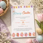 Easter egg hunt invitation with bunting flags and folk art patterned eggs