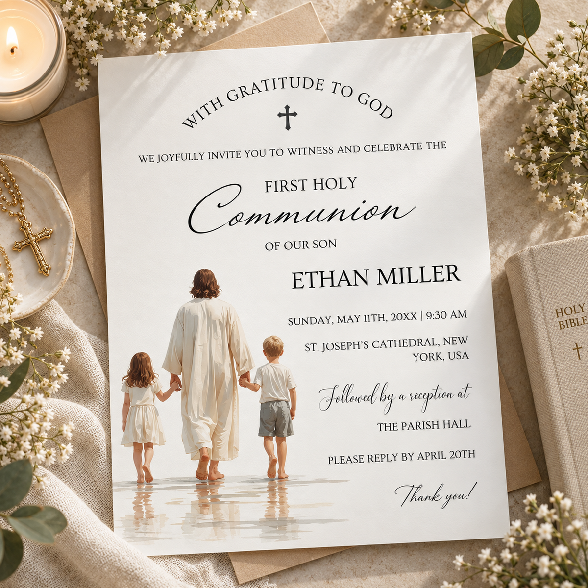 First communion invitation printable template showing Jesus walking with two children