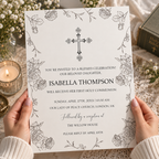 Rose border holy communion invitation template, shown printed at 8.5 x 11 inches