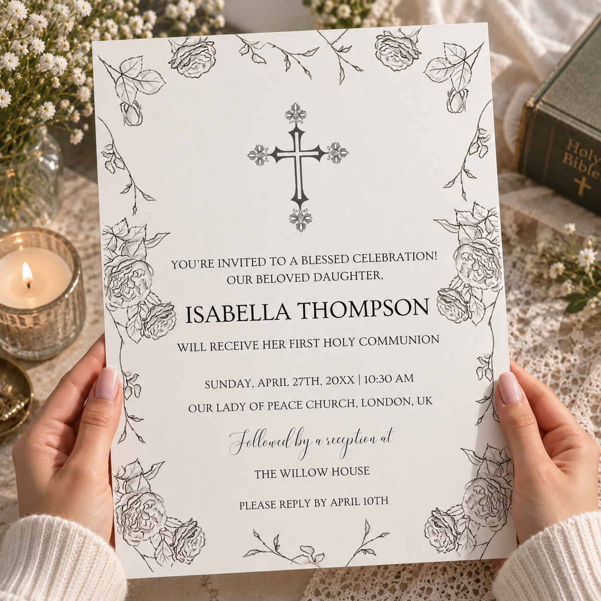 Rose border holy communion invitation template, shown printed at 8.5 x 11 inches
