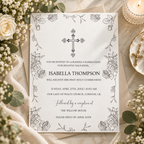 First communion invitation printable template for a girl with a drawn rose border and cross