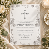 First communion invitation printable template for a girl with a drawn rose border and cross