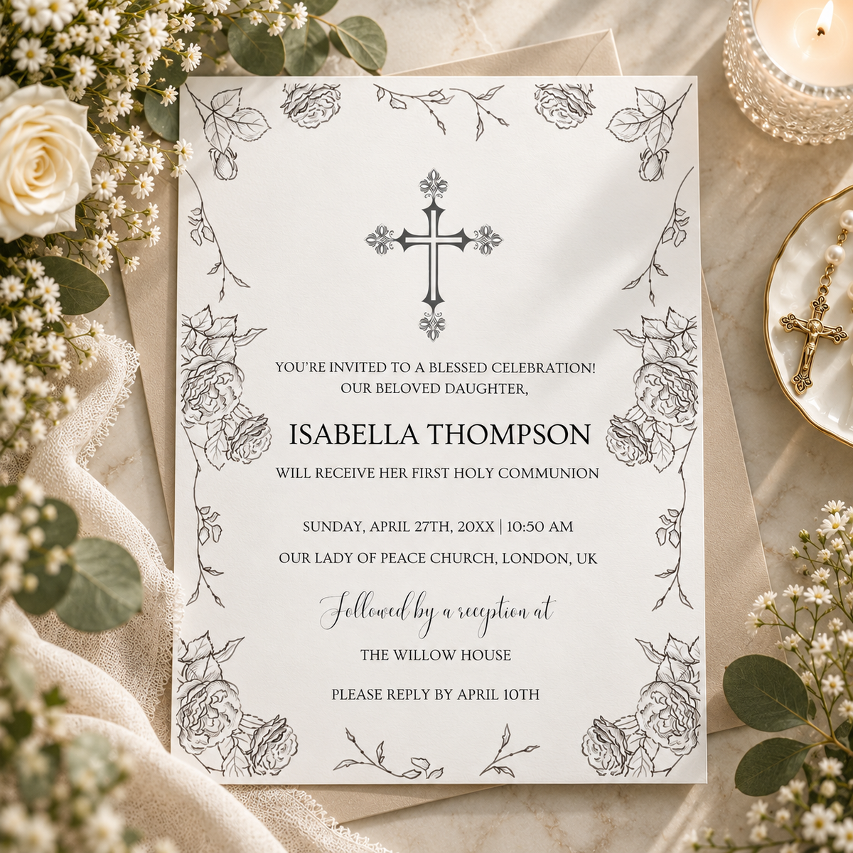 First communion invitation printable template for a girl with a drawn rose border and cross