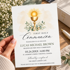 Gold chalice communion invitation template for a boy, shown printed at 8.5 x 11 inches