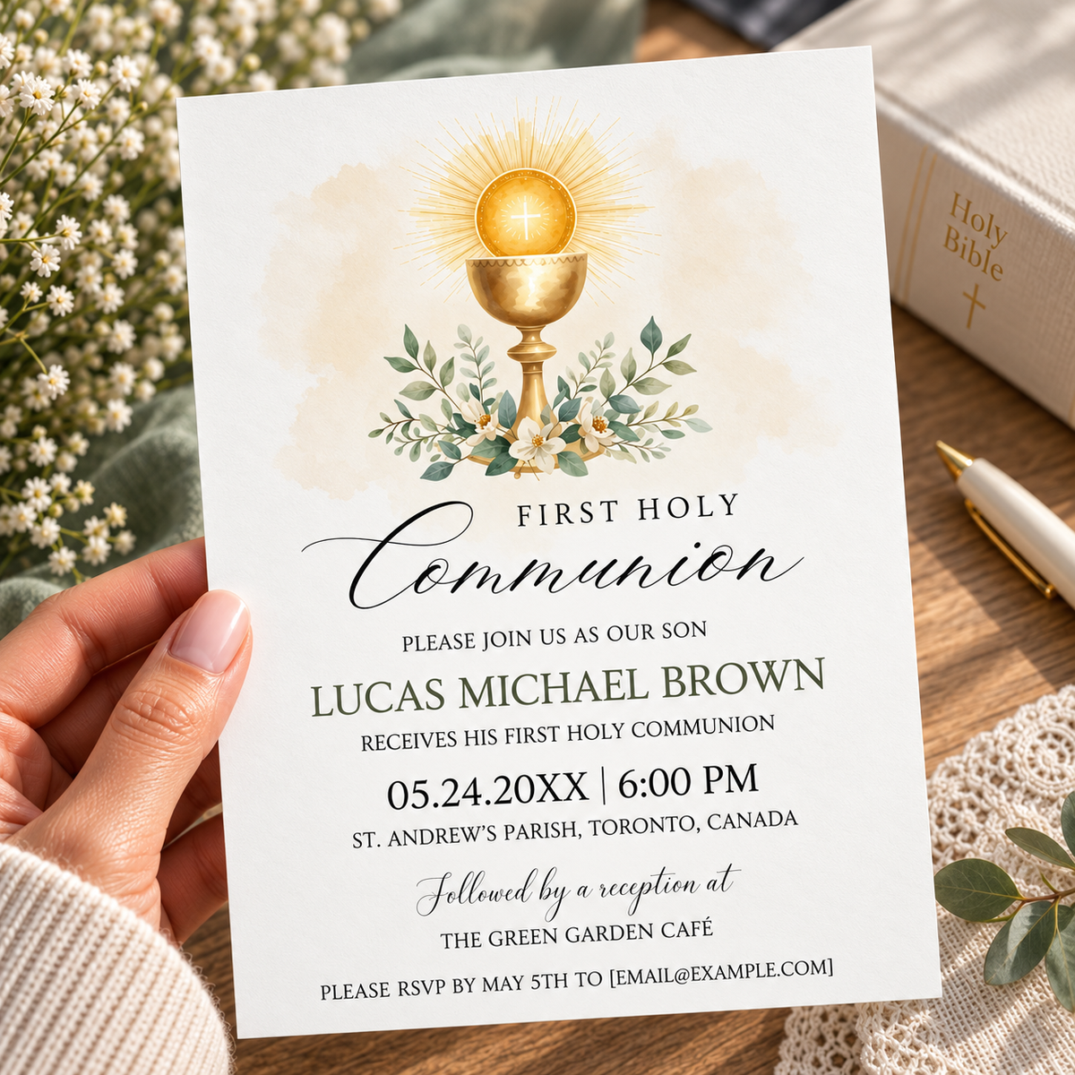Gold chalice communion invitation template for a boy, shown printed at 8.5 x 11 inches