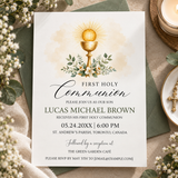 First communion invitation printable template with a gold chalice and white blossom