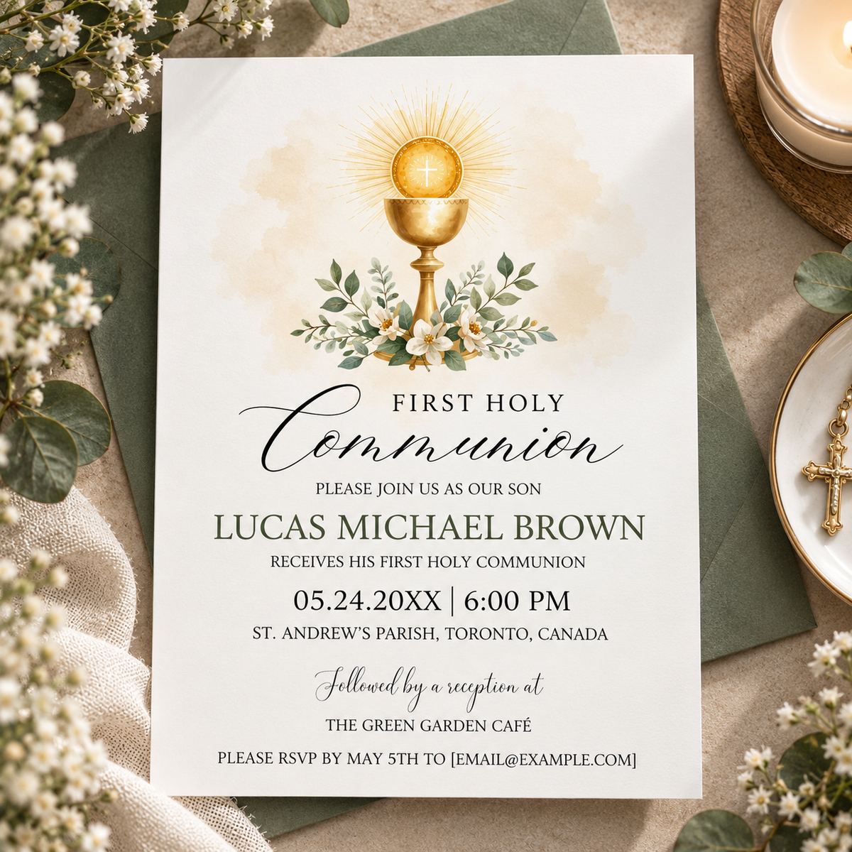First communion invitation printable template with a gold chalice and white blossom