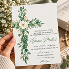 Greenery cross first communion invitation template, shown printed at 8.5 x 11 inches