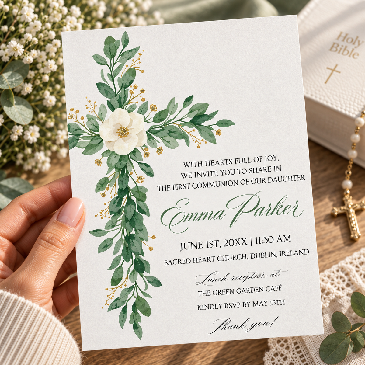 Greenery cross first communion invitation template, shown printed at 8.5 x 11 inches
