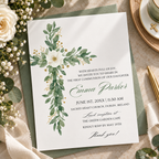 First communion invitation printable template with a watercolour eucalyptus and magnolia cross