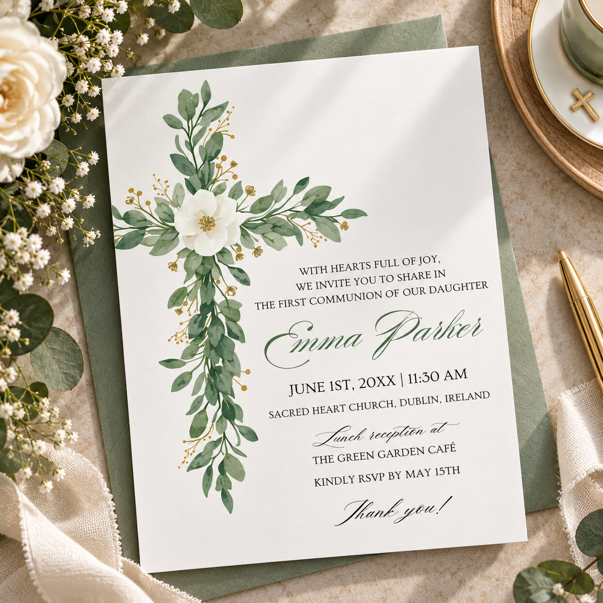First communion invitation printable template with a watercolour eucalyptus and magnolia cross