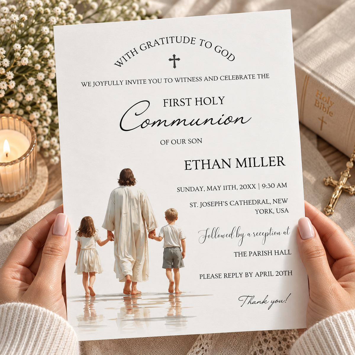 Walking with Jesus communion invitation template with wording written out, printed at 8.5 x 11 inches