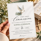 White dove first communion invitation template with ruled date band, printed at 8.5 x 11 inches