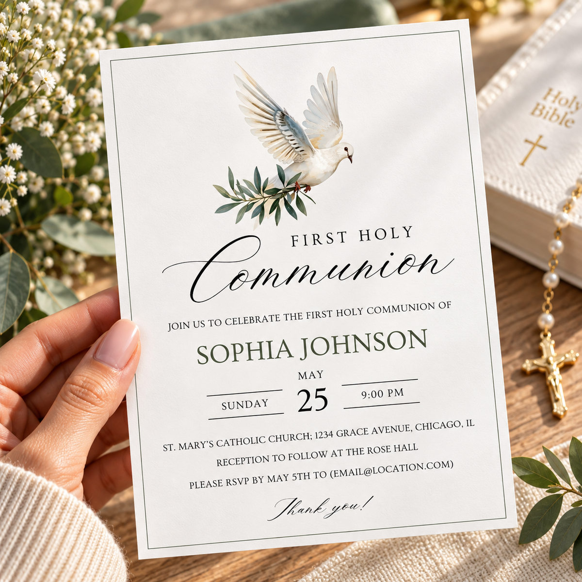White dove first communion invitation template with ruled date band, printed at 8.5 x 11 inches