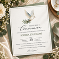 First holy communion invitation printable template with a white dove and olive branch