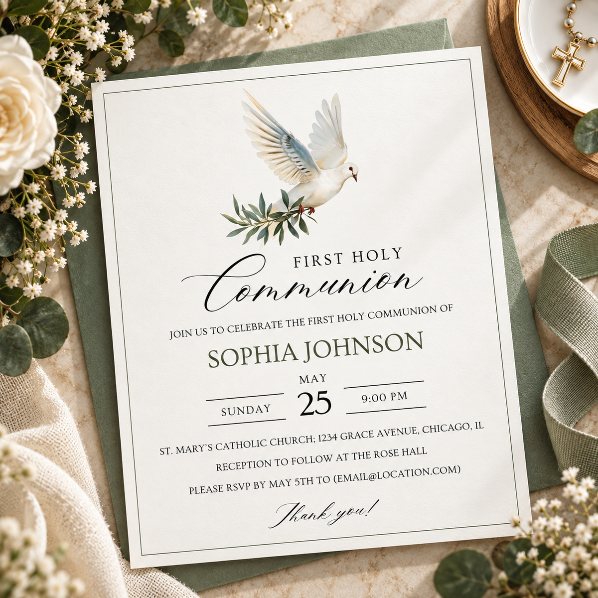 First holy communion invitation printable template with a white dove and olive branch