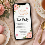 Tea party e-vite in phone size for sending by message, watercolour teapot design