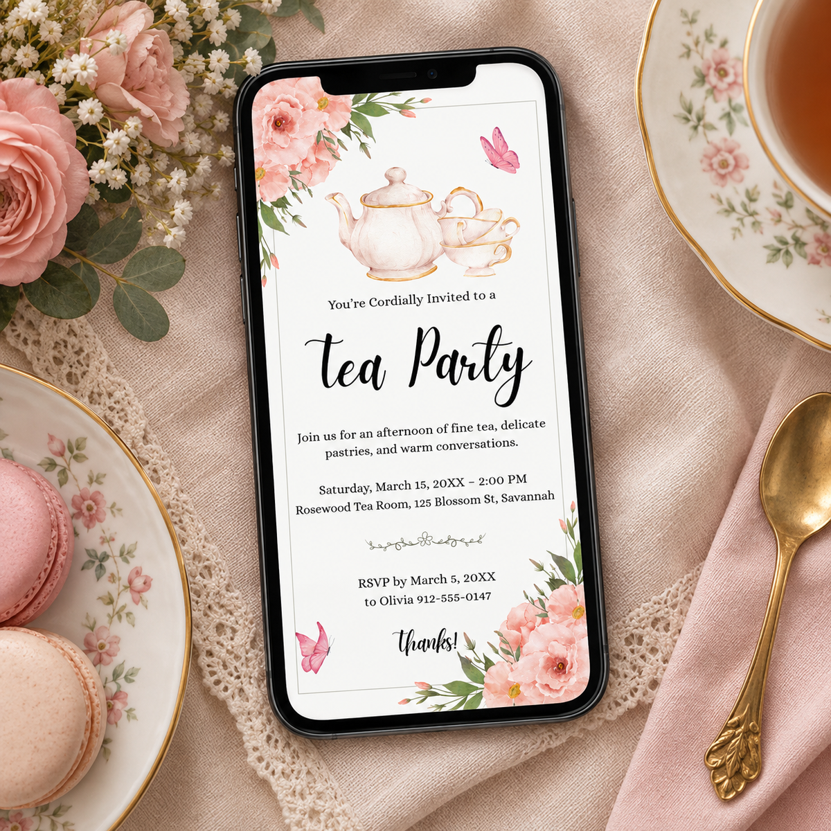 Tea party e-vite in phone size for sending by message, watercolour teapot design