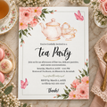 Floral tea party invitation printable template, editable in Canva