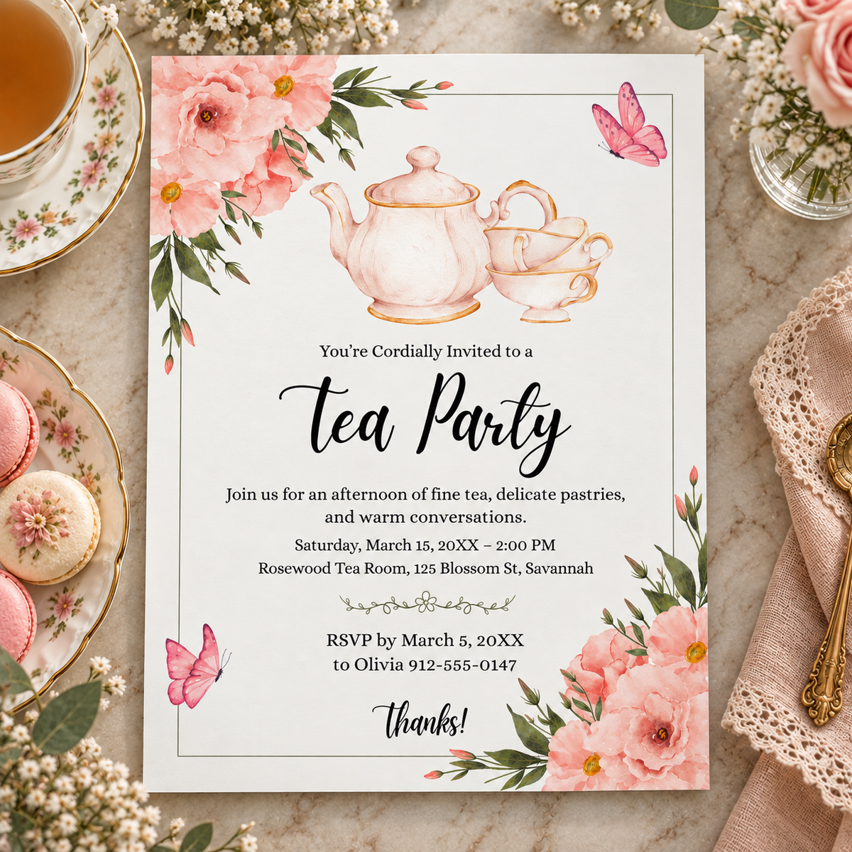 Floral tea party invitation printable template, editable in Canva