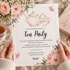 Tea party invitation template shown printed at 8.5 x 11 inches on cardstock
