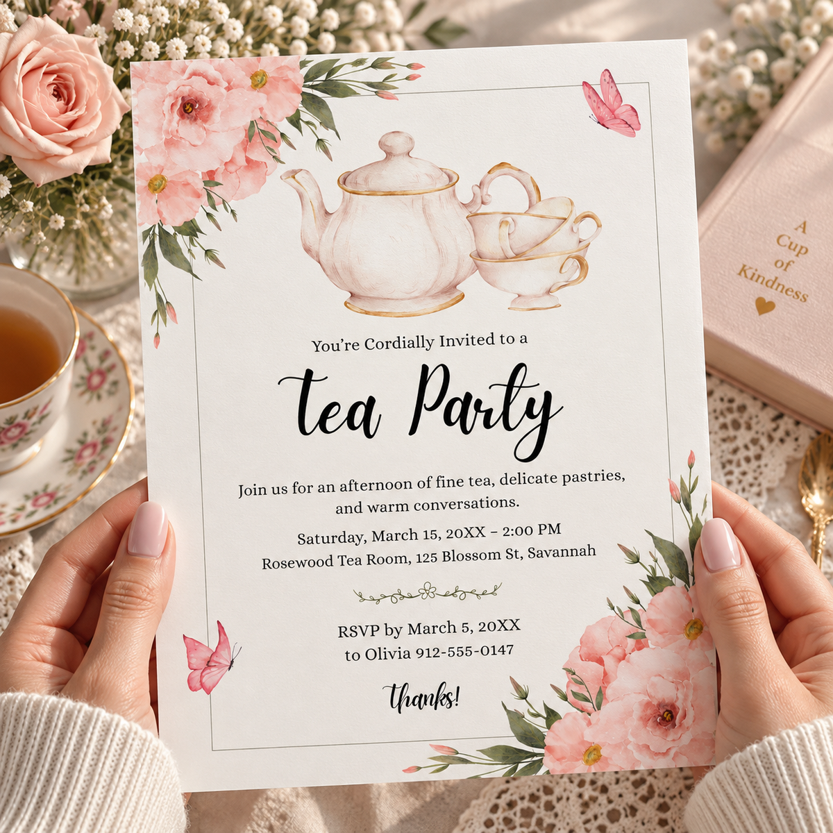 Tea party invitation template shown printed at 8.5 x 11 inches on cardstock